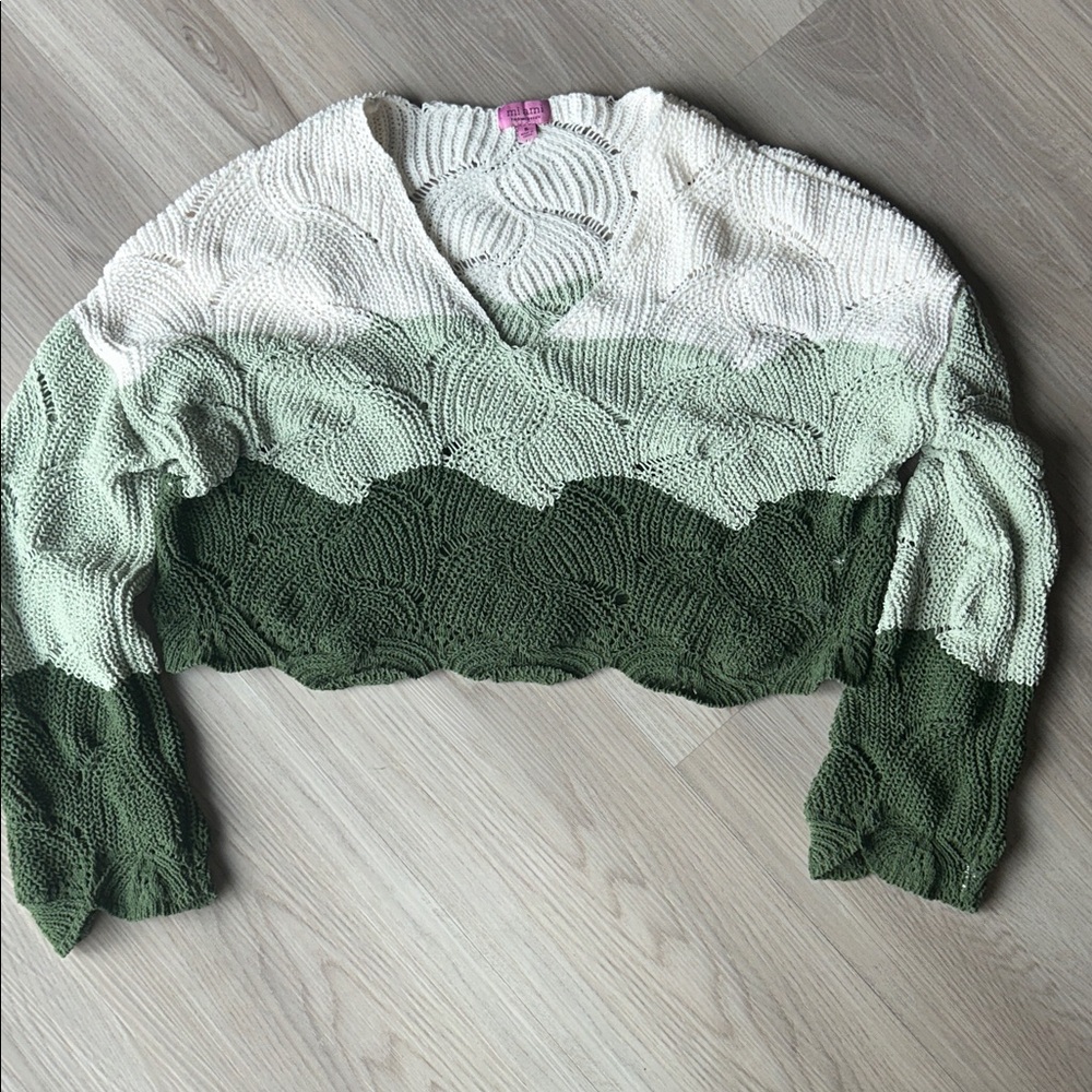 Miami by Francesca‘s Juniors S Oversized Cropped Knit Sweater Green White Casual